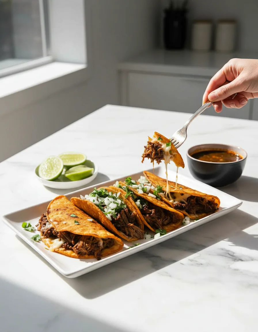 Three birria tacos filled with shredded braised beef, topped with chopped white onion and cilantro, served with a bowl of consommé for dipping.