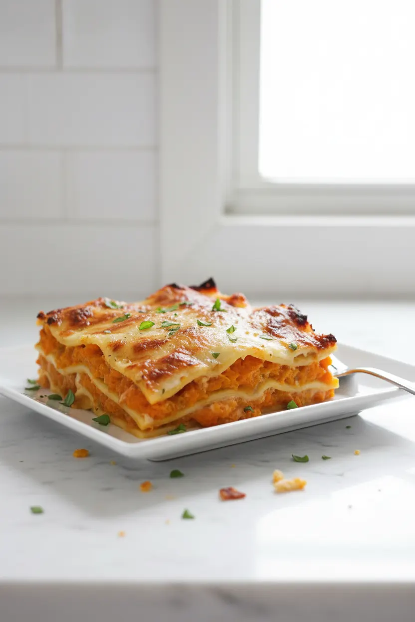 A slice of butternut squash lasagna on a light gray plate, showcasing distinct layers of pasta, orange filling, and melted cheese with browned edges. The lasagna sits on a rustic wooden table with visible grain and subtle imperfections. The lighting is warm and inviting.