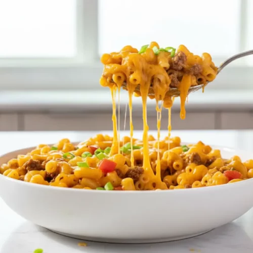 Spoonful of cheeseburger casserole being lifted from a skillet, featuring elbow macaroni, browned ground beef, diced tomatoes, and melted cheddar cheese with green onion garnish. This is cheeseburger casserole recipe.