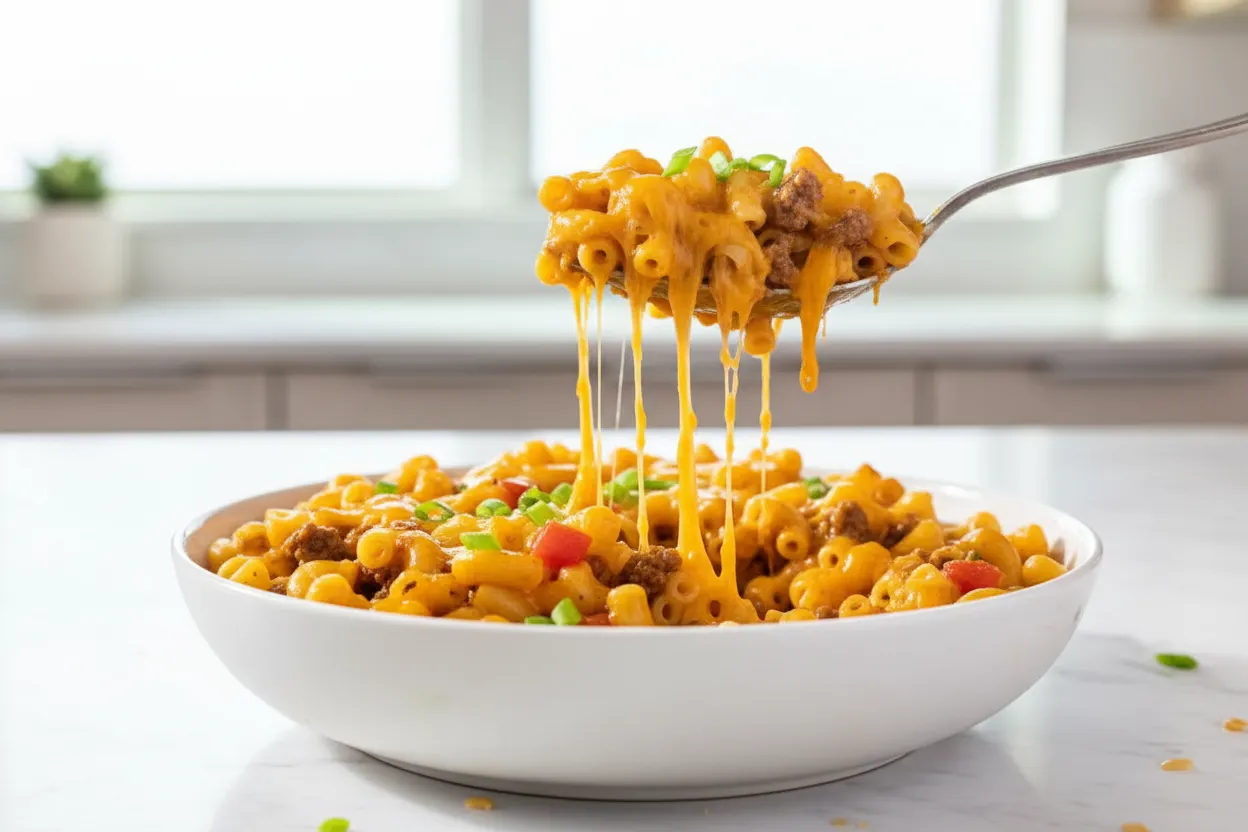 Spoonful of cheeseburger casserole being lifted from a skillet, featuring elbow macaroni, browned ground beef, diced tomatoes, and melted cheddar cheese with green onion garnish. This is cheeseburger casserole recipe.