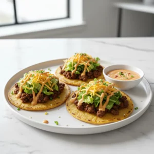 Three cheeseburger tacos arranged on a pale pink plate. Each taco features seasoned ground meat, shredded lettuce, cheese, and a creamy orange sauce, garnished with chives and sesame seeds, showcasing the cheeseburger tacos recipe.