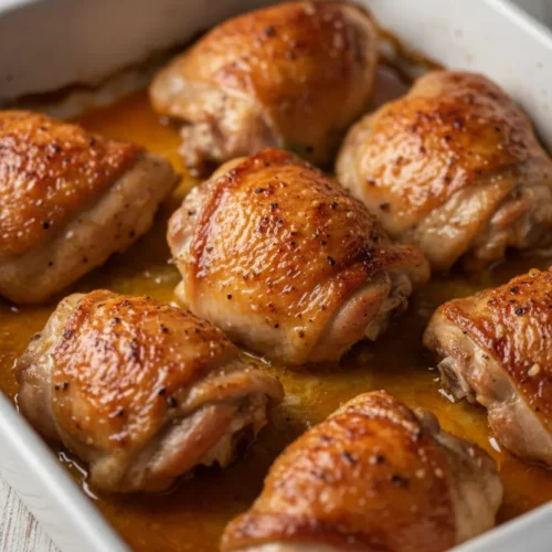 Baked chicken thighs in a white ceramic baking dish, showcasing the golden-brown skin and rendered fat. This is a delicious example of chicken thigh recipes boneless skinless.