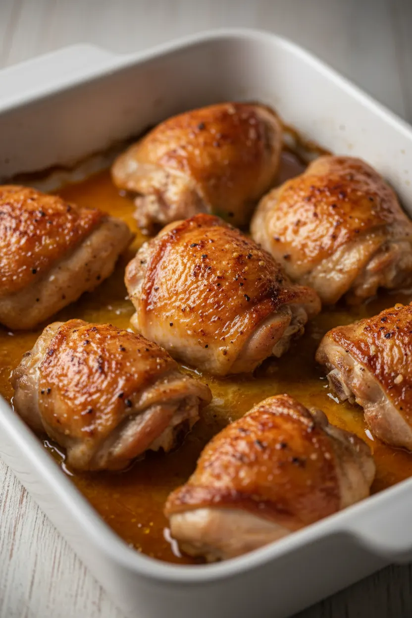 Baked chicken thighs in a white ceramic baking dish, showcasing the golden-brown skin and rendered fat. This is a delicious example of chicken thigh recipes boneless skinless.