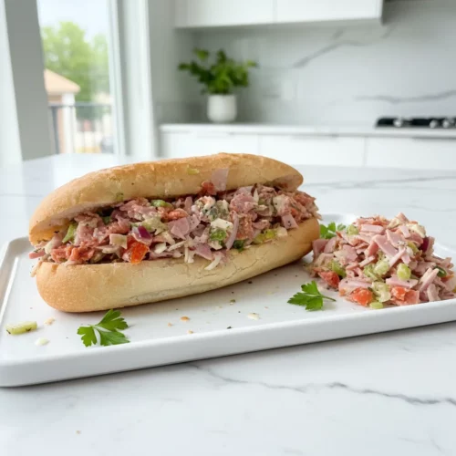 A chopped Italian sandwich, cut lengthwise and partially open, revealing a filling of chopped meats, vegetables, and creamy dressing. The sandwich sits horizontally on a wooden board with pile of chopped ingredients next to it.