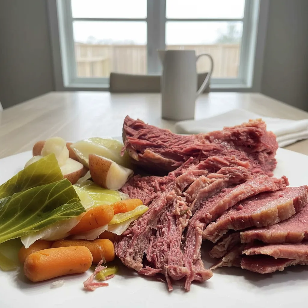 Close-up of a plated Corned Beef and Cabbage recipe, featuring a large chunk of shredded corned beef, slices of pink corned beef, pale green cabbage wedges, quartered potatoes with skin, and vibrant orange baby carrots.