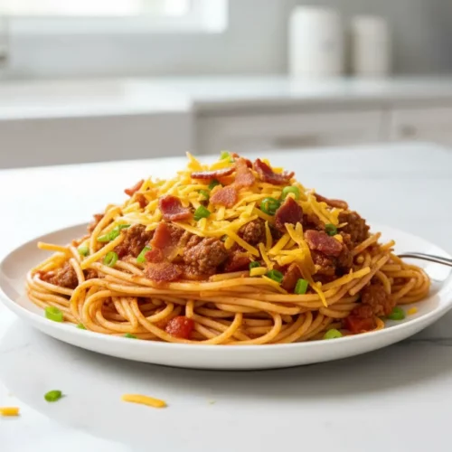 A pot of cowboy spaghetti with long strands of spaghetti coated in a reddish-brown meat sauce, topped with shredded cheddar cheese, crumbled cooked bacon, and chopped green onions. Metal tongs are partially submerged in the spaghetti.
