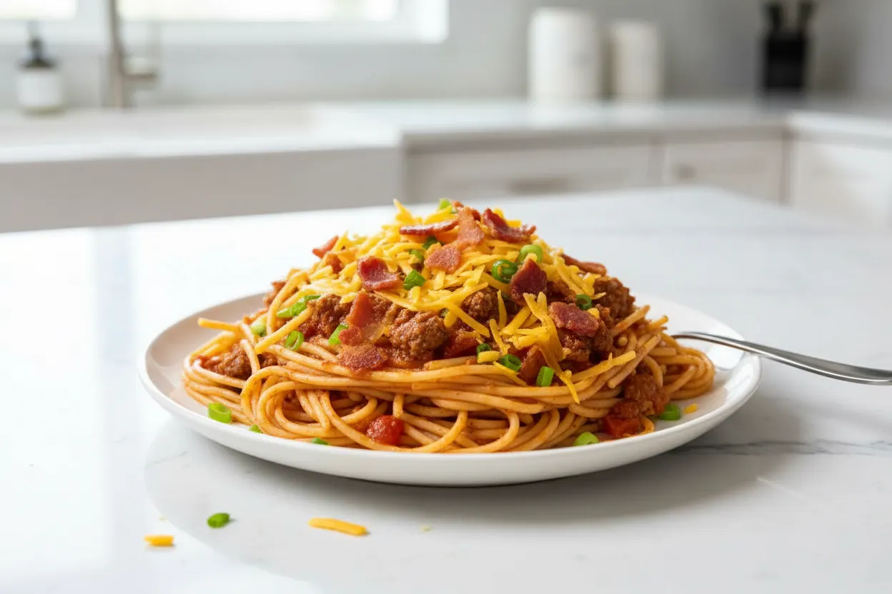 A pot of cowboy spaghetti with long strands of spaghetti coated in a reddish-brown meat sauce, topped with shredded cheddar cheese, crumbled cooked bacon, and chopped green onions. Metal tongs are partially submerged in the spaghetti.