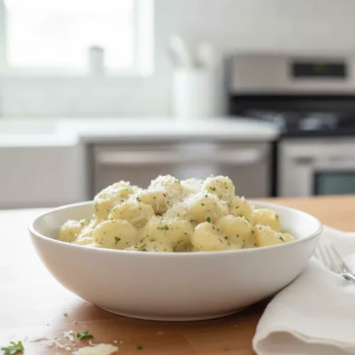 A bowl of creamy pesto gnocchi with Parmesan cheese shavings, fresh parsley, and black pepper seasoning. The gnocchi are soft and pillowy, coated in a light-yellow sauce on a white marble surface.