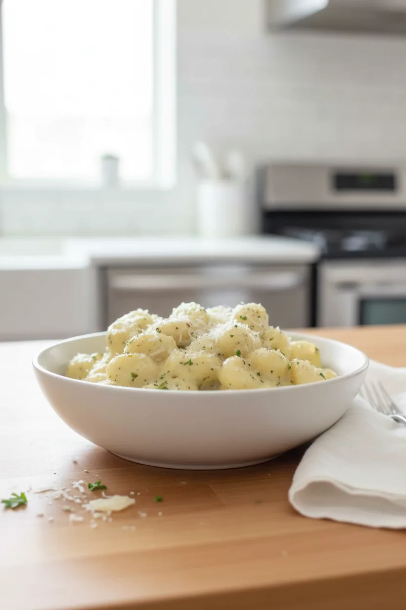 A bowl of creamy pesto gnocchi with Parmesan cheese shavings, fresh parsley, and black pepper seasoning. The gnocchi are soft and pillowy, coated in a light-yellow sauce on a white marble surface.