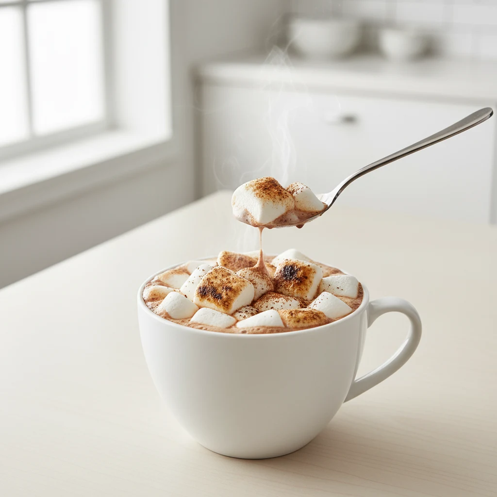 Overhead view of creamy crockpot hot chocolate with marshmallows, steaming in a dark blue ceramic pot on a rustic wooden surface with a red and white checkered towel and a decorative green wreath in the background. The marshmallows are partially melted and some are toasted with a light dusting of cocoa powder.