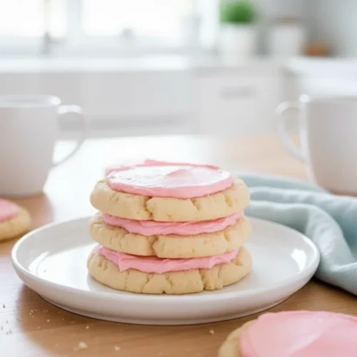 A stack of pale golden-brown crumbl cookies, each round with scalloped edges, generously topped with smooth, pastel pink buttercream frosting. The cookies are arranged on a black metal cooling rack with a white countertop surface visible in the background.