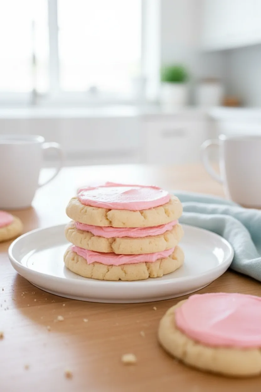 A stack of pale golden-brown crumbl cookies, each round with scalloped edges, generously topped with smooth, pastel pink buttercream frosting. The cookies are arranged on a black metal cooling rack with a white countertop surface visible in the background.