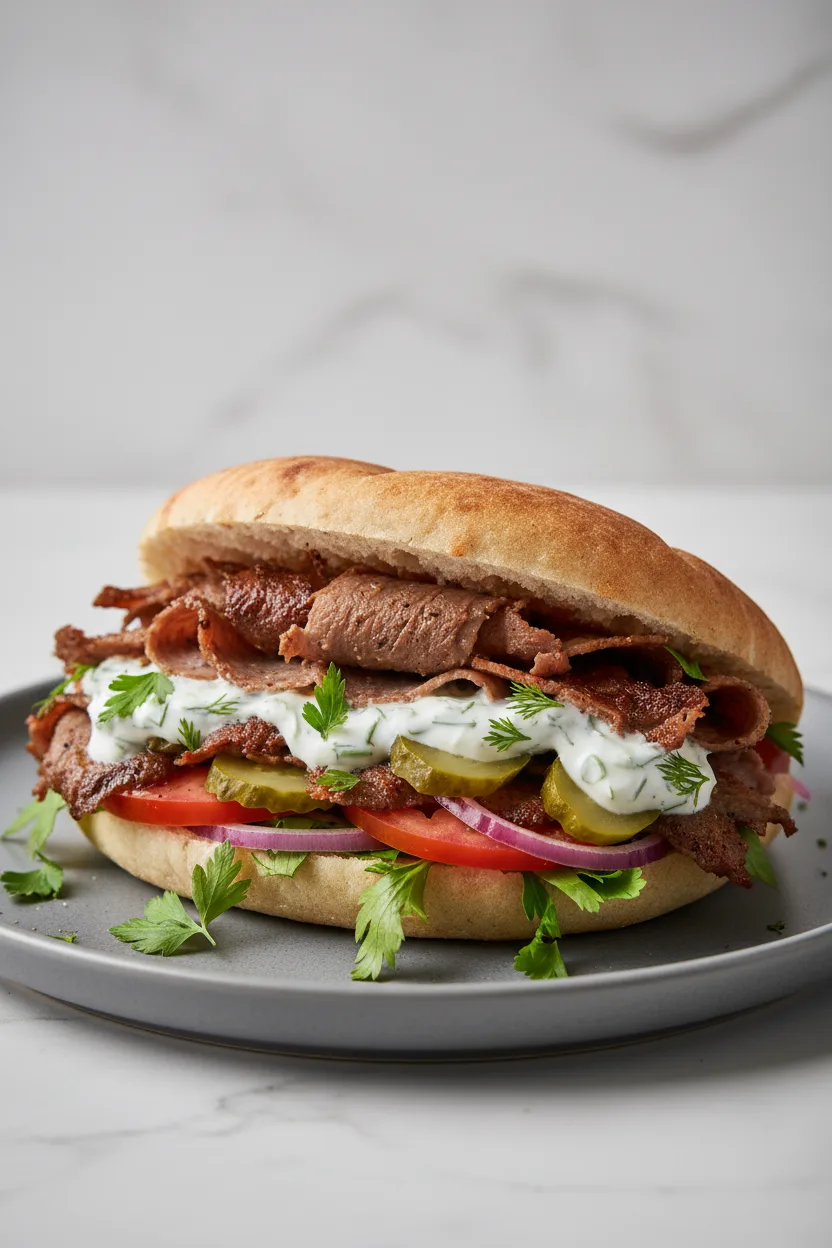 Homemade doner kebab sandwich featuring thinly sliced, well-done meat with a deep brown crust, creamy white sauce, onions, tomatoes, pickles, and parsley inside a pita bread.