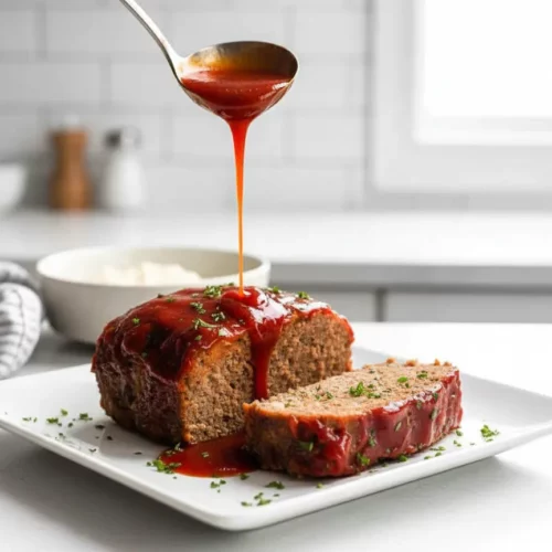 Slices of homemade meatloaf are arranged on a white platter, showcasing the browned surface and savory glaze. Fresh parsley is scattered as a garnish on this easy classic meatloaf recipe.