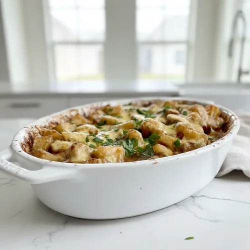 Oval baking dish filled with french onion potatoes recipe. The potatoes are cut into cubes, baked with a dark brown sauce, topped with melted cheese, and garnished with fresh parsley, all sitting on a light gray countertop in front of a light mint-green brick wall.