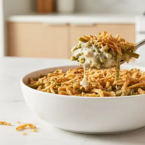 A creamy green bean casserole with a crispy fried onion topping served in a rectangular baking dish. A wooden spoon holds a scoop of the casserole, showcasing the texture of the green beans and creamy sauce.