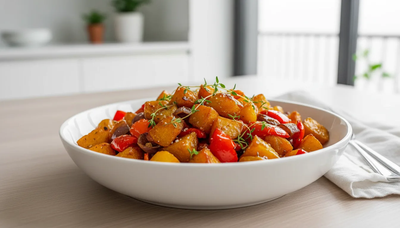 Overhead shot of a baking sheet filled with roasted vegetables, including golden beets and red bell peppers, part of a hawaiian sheet pan chicken recipe. The vegetables are charred and caramelized, arranged haphazardly on the dark grey metal baking sheet lined with parchment paper.