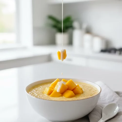 Close-up of mango sago pudding featuring diced ripe mangoes arranged on a thick, creamy base with translucent sago pearls, served in ceramic bowls with gold rims.