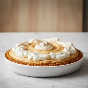 A slice of no bake pumpkin mousse pie with a light golden-brown crust topped with a dollop of whipped cream and a dusting of cinnamon on a white plate, showcasing its airy texture and warm, inviting colors.
