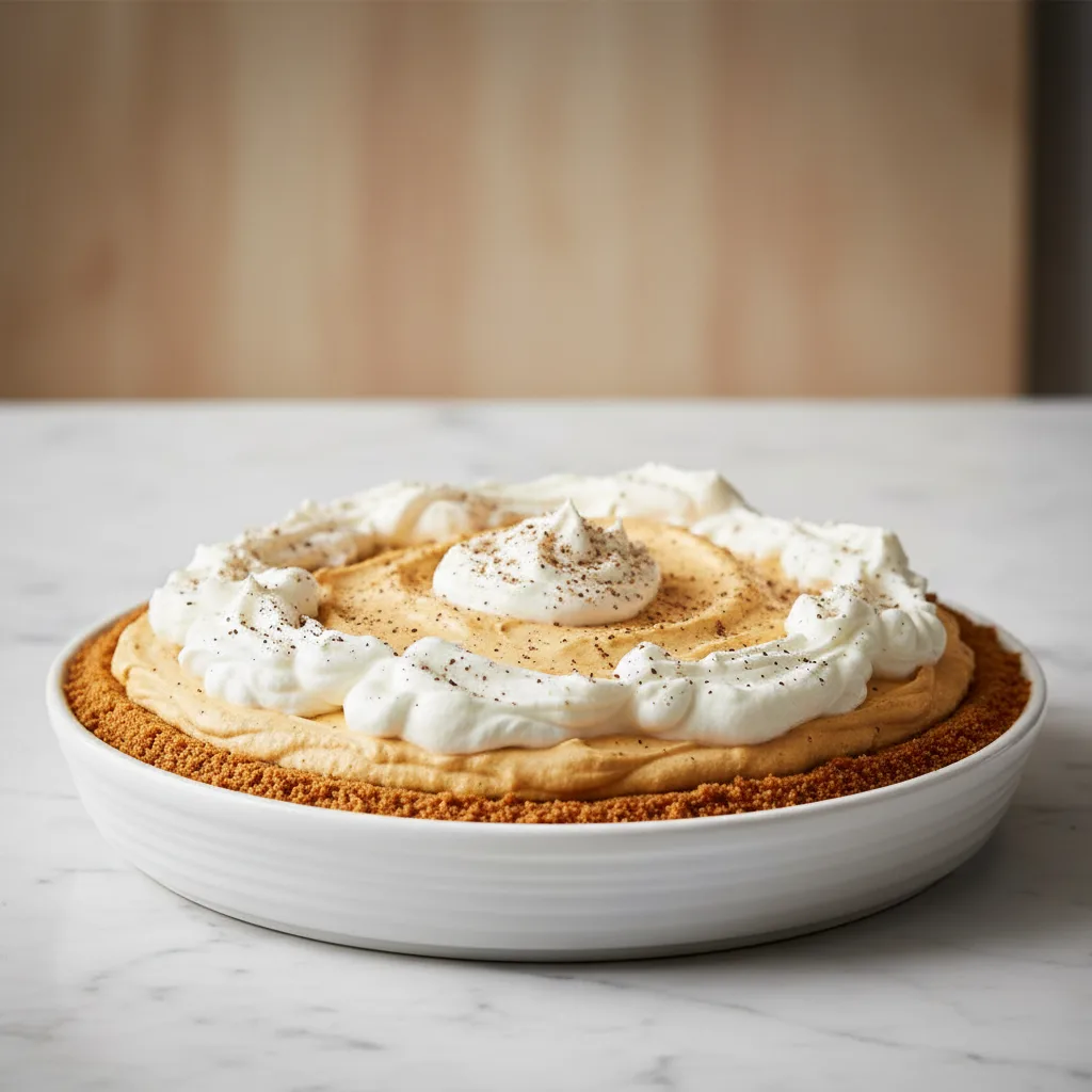 A slice of no bake pumpkin mousse pie with a light golden-brown crust topped with a dollop of whipped cream and a dusting of cinnamon on a white plate, showcasing its airy texture and warm, inviting colors.