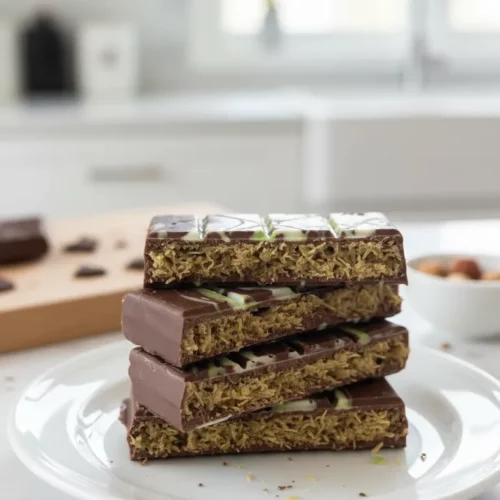 A stack of four pistachio chocolate bars cut in half to reveal the pistachio filling. The bars are drizzled with white and green chocolate and rest on a chocolate waffle mold.