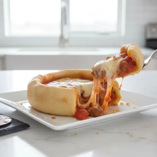 A partially eaten deep-dish pizza pot pie recipe with a thick golden crust, chunky tomato sauce filling, and melted mozzarella cheese, served on a white plate on a weathered wood table.