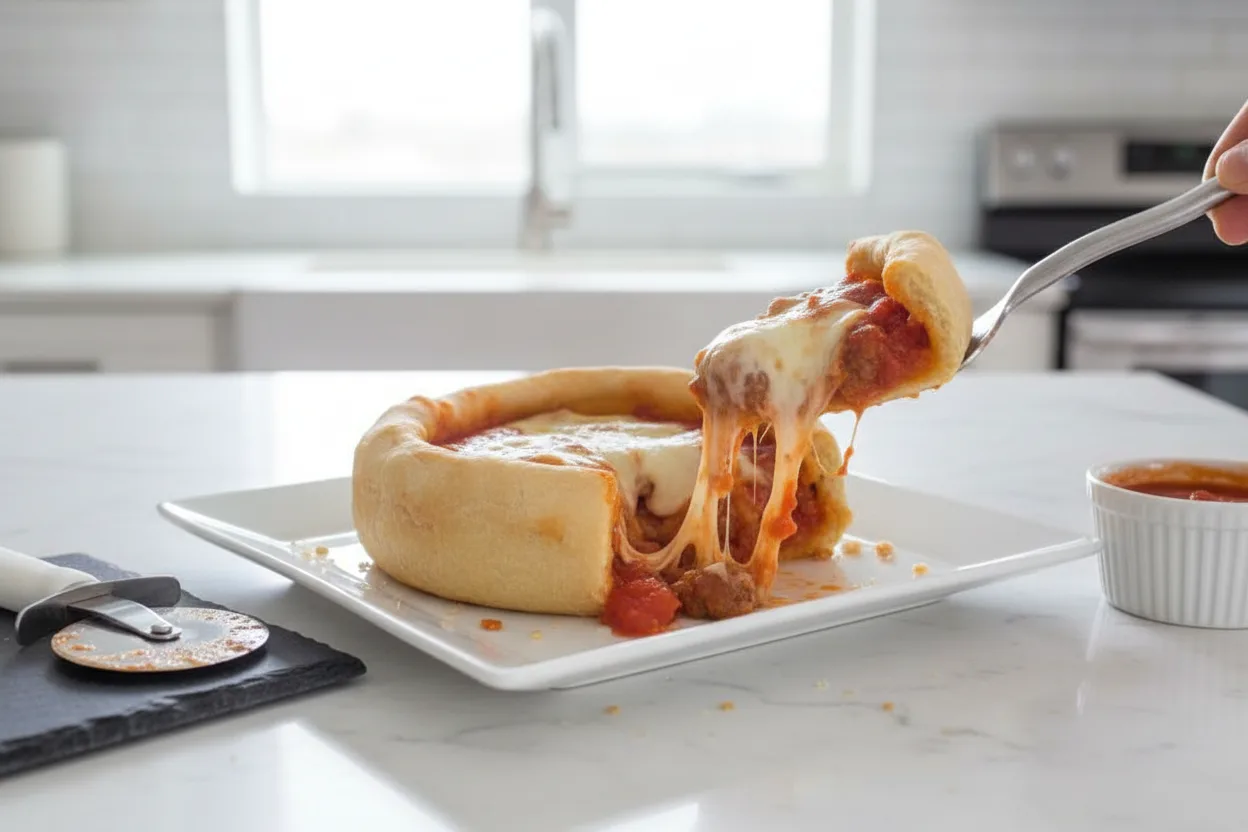 A partially eaten deep-dish pizza pot pie recipe with a thick golden crust, chunky tomato sauce filling, and melted mozzarella cheese, served on a white plate on a weathered wood table.