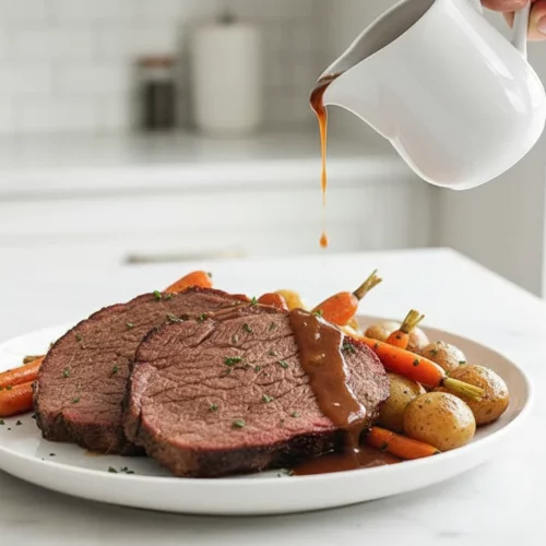 A close-up of a tender pot roast in a dark blue enameled cast-iron Dutch oven, surrounded by carrots, potatoes, and celery in a rich, dark brown sauce, garnished with fresh parsley, showcasing a delicious pot roast recipe.