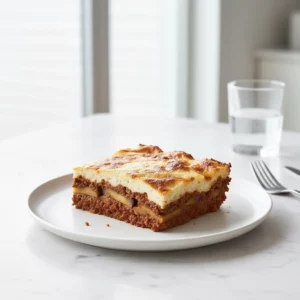 A slice of potato lasagna served in a white ceramic baking dish, showcasing layers of thinly sliced potatoes, meat sauce, and a creamy, golden-brown béchamel topping, baked until bubbly.