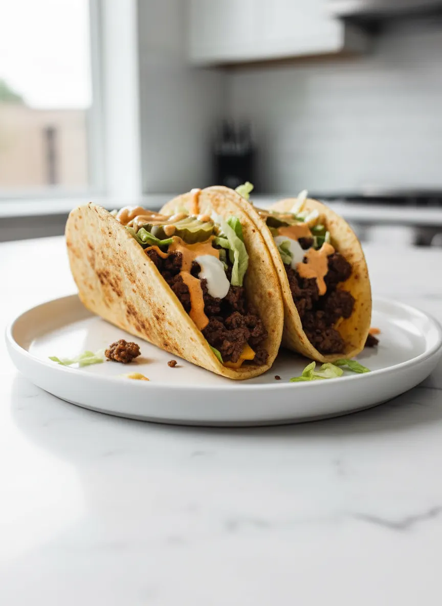 Two smash burger tacos held by a hand. The tacos are filled with ground beef, shredded lettuce, an orange creamy sauce, a white sauce, and a pickle slice. One taco has a sliver of cheddar cheese. The tortillas have browned spots.