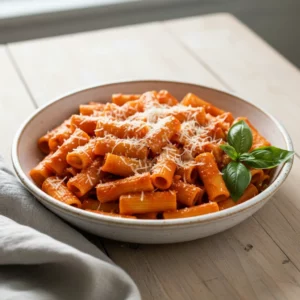 Spicy rigatoni recipe served in a black pan, featuring al dente pasta coated in a creamy red tomato sauce, garnished with fresh basil leaves and grated Parmesan cheese.