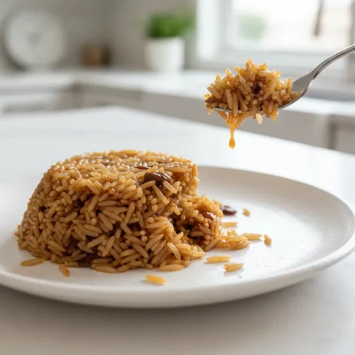 A bowl of glossy, golden-brown rice, cooked with a savory sauce and dark inclusions, likely meat or vegetables. The rice grains are long-grain and the dish is seasoned and cooked with what looks like a stick of butter; this is a stick of butter rice recipe.