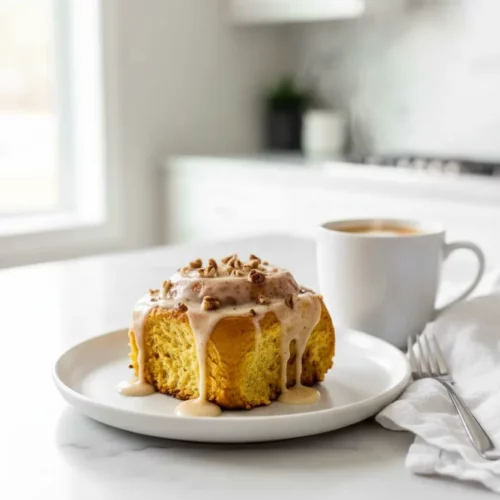 Sweet potato cinnamon rolls recipe: A baking dish filled with freshly baked sweet potato cinnamon rolls drizzled with creamy glaze and sprinkled with pecans. The rolls are golden brown and arranged tightly together, showcasing their spiral design.
