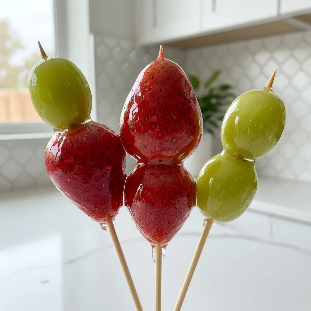 Three fruit skewers featuring strawberries and green grapes, coated in a shiny, transparent candy shell, arranged on a white surface with a blurred background. Tanghulu recipe.