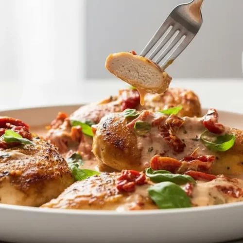 Pan-fried chicken breasts in a creamy tomato sauce, garnished with fresh basil and black pepper, served in a ceramic baking dish with an off-white interior and dark rims. A wooden bowl with basil leaves and a small dish with red pepper flakes are visible in the background on a bright white table surface.