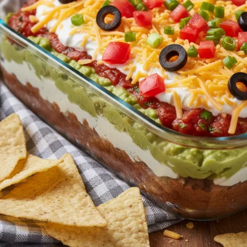 Seven-layer bean dip in a rectangular glass dish, featuring layers of beans, guacamole, sour cream, salsa, cheddar cheese, black olives, diced tomatoes, and green onions, served with tortilla chips.