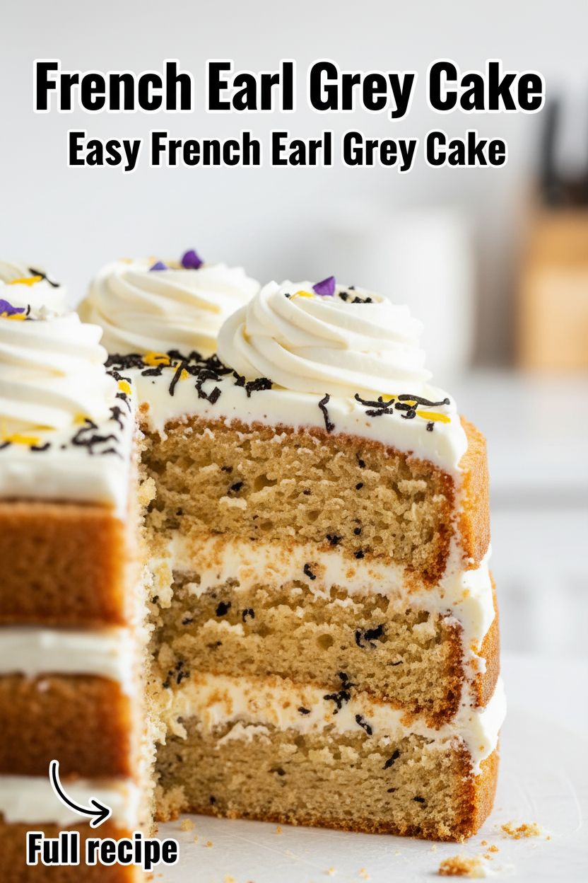 A three-layer naked French Earl Grey Cake decorated with creamy white frosting, tea leaves, and small yellow and purple flower petals, sitting on a clear glass cake stand with a light blue linen cloth beneath. The background shows a rustic wooden surface and blurred glimpses of kitchenware.