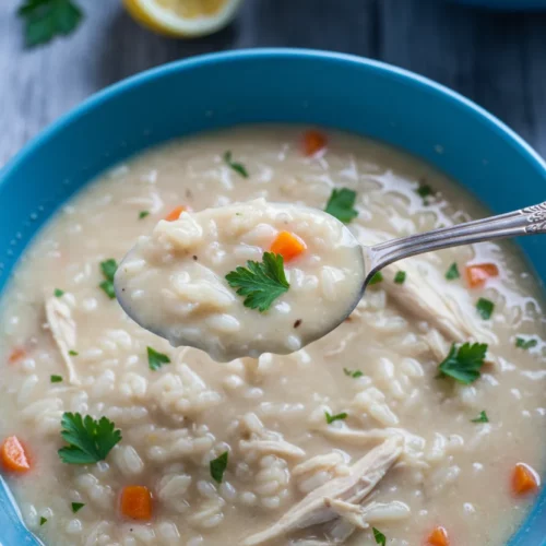 Overhead shot of Avgolemono Greek soup in a blue bowl, featuring creamy chicken and rice, garnished with carrots and parsley. A spoonful is held mid-air, dripping slightly, with blurred lemon halves and another bowl of soup in the background on a weathered wooden surface.