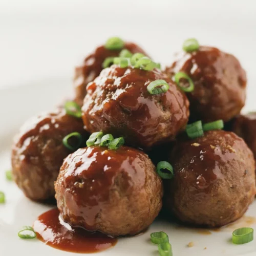 A pile of glossy, glazed BBQ meatballs, made in a slow cooker, are presented on a stark white plate with scattered green scallions. The meatballs are covered in a thick, dark red-brown sauce.