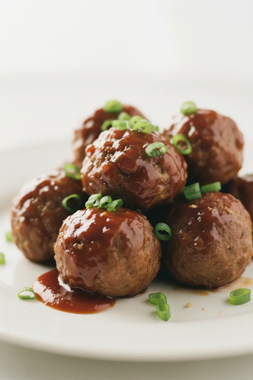 A pile of glossy, glazed BBQ meatballs, made in a slow cooker, are presented on a stark white plate with scattered green scallions. The meatballs are covered in a thick, dark red-brown sauce.