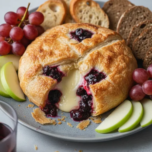 Baked Brie in Puff Pastry: A wheel of brie cheese baked inside flaky golden-brown puff pastry, sliced open to reveal melted brie mixed with dark berry preserve, served with slices of green apple, red grapes, toasted baguette, and dark seedy bread.