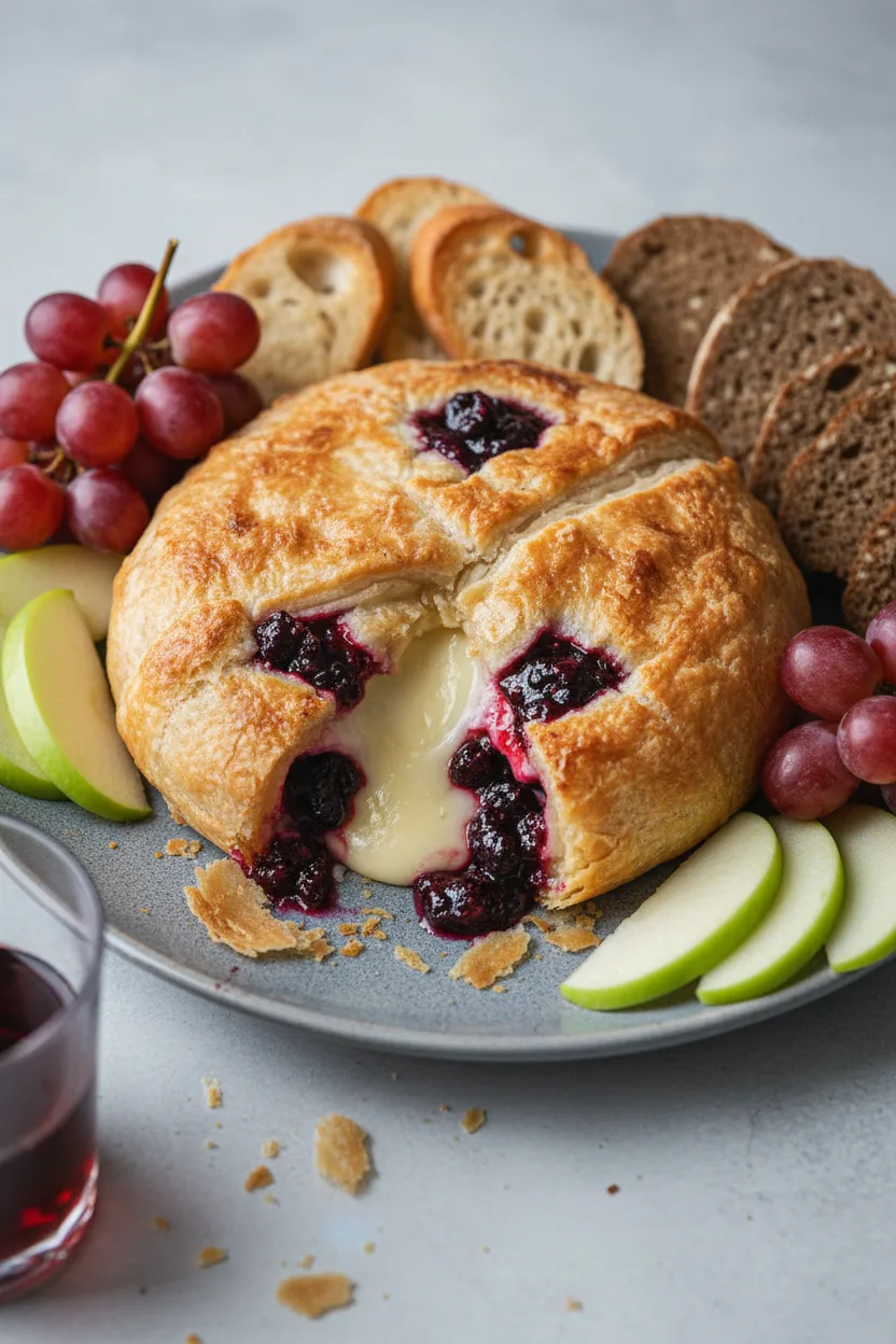 Baked Brie in Puff Pastry: A wheel of brie cheese baked inside flaky golden-brown puff pastry, sliced open to reveal melted brie mixed with dark berry preserve, served with slices of green apple, red grapes, toasted baguette, and dark seedy bread.