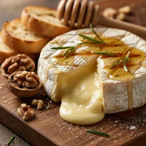 Baked brie with honey and rosemary on a dark oak cutting board. The brie's rind is cracked and dusted with flour, topped with grill marks and pools of honey, garnished with rosemary sprigs. Sliced baguette and walnuts surround the brie.