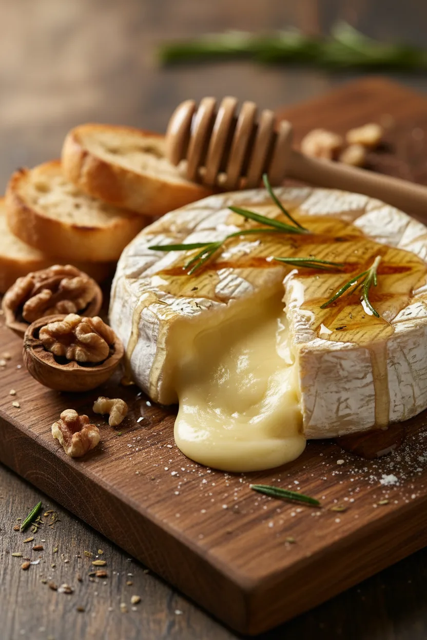 Baked brie with honey and rosemary on a dark oak cutting board. The brie's rind is cracked and dusted with flour, topped with grill marks and pools of honey, garnished with rosemary sprigs. Sliced baguette and walnuts surround the brie.