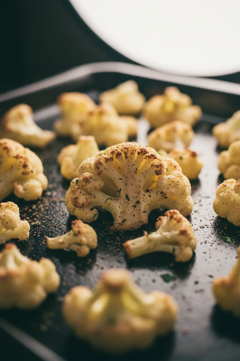 Overhead shot of roasted cauliflower florets with crispy edges and a light coating of spices on a dark, glossy baking sheet. This is a baked cauliflower recipe.