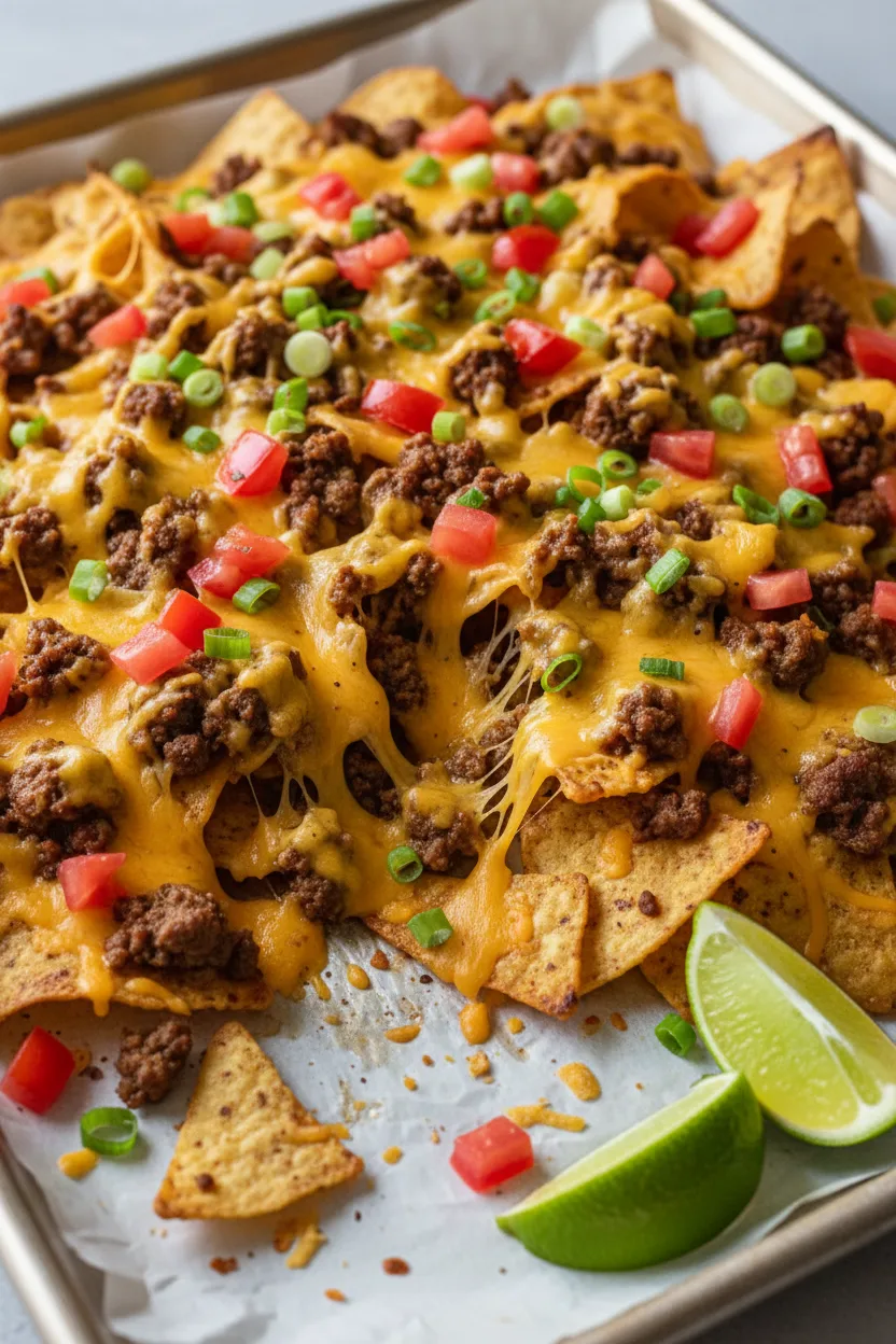 A heaping tray of Beef Nachos Supreme on a silver baking sheet lined with parchment paper. Melted cheddar and Monterey Jack cheese cover tortilla chips topped with ground beef, diced tomatoes, and green onions. Two lime wedges are on the side.