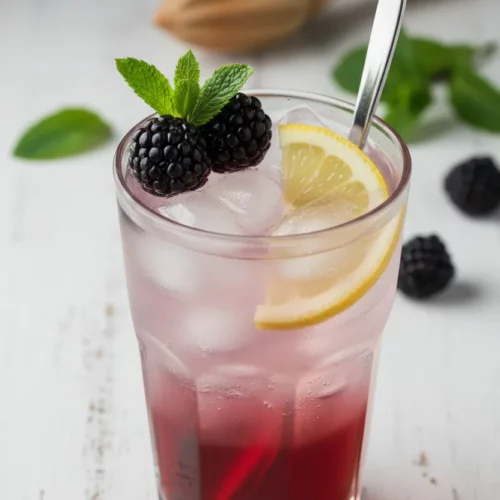 A refreshing blackberry lemon mocktail served in a clear glass with ice. Two blackberries and a mint leaf garnish the rim, along with a lemon slice. A silver spoon is submerged in the drink.