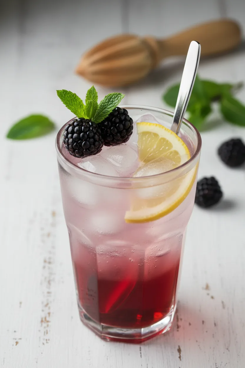 A refreshing blackberry lemon mocktail served in a clear glass with ice. Two blackberries and a mint leaf garnish the rim, along with a lemon slice. A silver spoon is submerged in the drink.