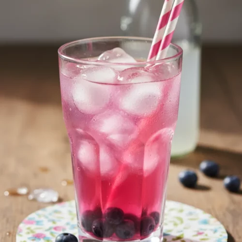A vibrant pink Blueberry Lemonade Spritzer in a glass with ice cubes and blueberries, garnished with striped paper straws. The drink sits on a rustic wooden table with a floral patterned linen napkin and a bottle of Lorina lemonade in the background.