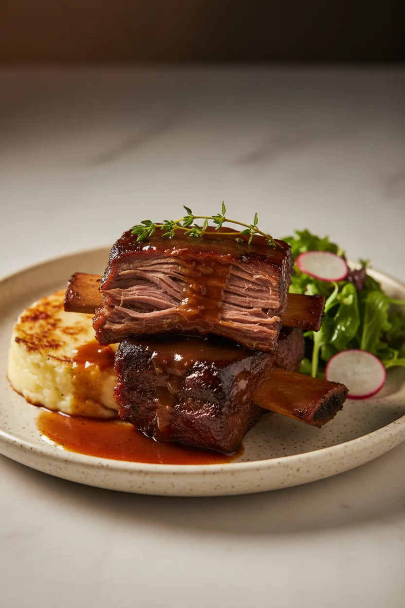 Close-up of braised beef short ribs, deeply browned with a glistening caramelized sauce, served with mashed potatoes and garnished with fresh thyme.